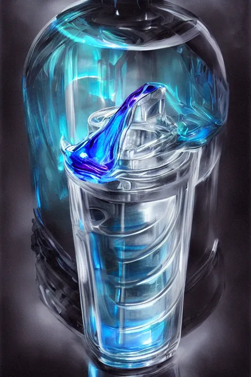 Image similar to concept art of a rolex liquid dietary supplement in a transparent bottle filled with blue magenta iridescent liquid, by aenaluck, artgerm and roberto ferri and greg rutkowski, black and white tones, white background, digital painting, artstation, concept art, smooth, sharp foccus ilustration hq