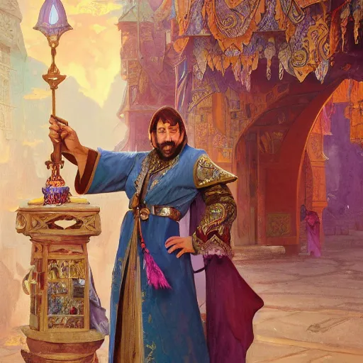 Image similar to charming tailor of middle - eastern descent, dressed in fine colorful robes and jewelry over fantasy armor, goatee, smirking, holding a magic needle and spool, fantasy art by barret frymire and artem priakhin and wenjun lin and greg rutkowski and alphonse mucha, artstation, matte, illustration, intricate, highly - detailed high resolution