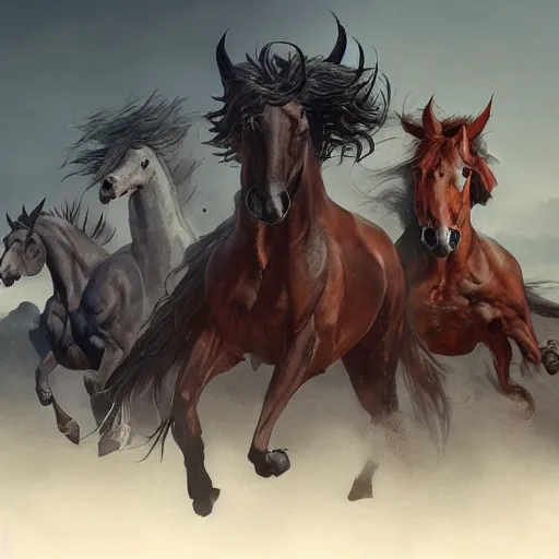 Image similar to the four horses of the apocalypse, digital Art, Greg rutkowski, Trending artstation, cinematographic, hyperrealistic