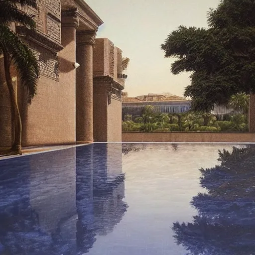 Image similar to David Ligare masterpiece, hyperrealistic surrealism, award winning masterpiece with incredible details, beautiful lighting, pool caustics, illuminated orbs, epic stunning, infinity pool, a surreal vaporwave liminal space, highly detailed, trending on ArtStation, broken giant marble head statue ruins, calming, meditative, geometric liminal space, palm trees, very vaporwave, very very surreal, sharp details, giant gold rings