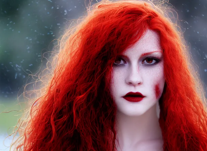 Image similar to award winning 3 5 mm close up face portrait photo of a redhead with blood - red wavy hair and intricate eyes that look like crystals, in a park by luis royo