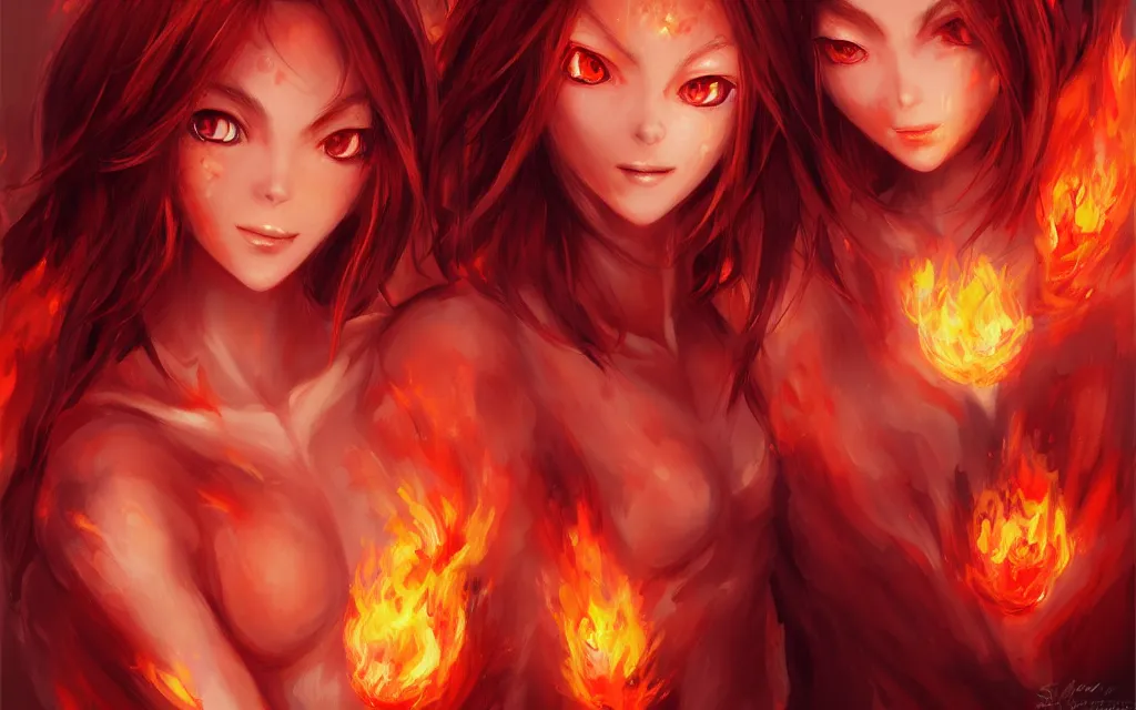 Image similar to A realistic anime portrait of a beautiful fire spirit twins with glowing red eyes and firey skin wearing clothes made of flames, digital painting, by Stanley Artgerm Lau, Sakimichan, WLOP and Rossdraws, digtial painting, trending on ArtStation, SFW version