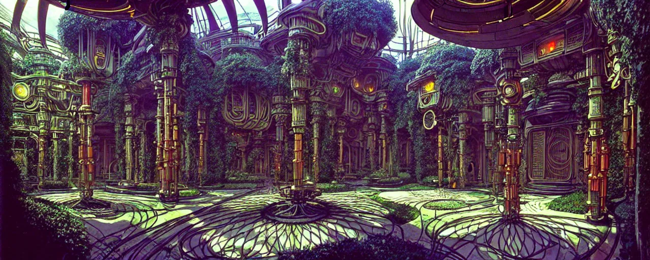 Image similar to a luxurious scifi futuristic victorian garden courtyard by killian eng, moebius, philippe druillet