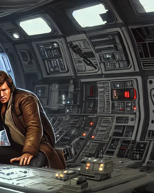 Prompt: portrait of han solo on the millennium falcon, harrison ford,, star wars, gta v, hyper realistic, ambient lighting, concept art, intricate, hyper detailed, smooth, action, volumetric lighting, george lucas, ralph mcquarrie, octane