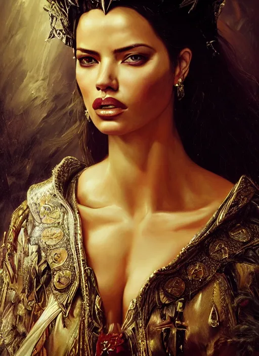 Prompt: portrait of adriana lima as queen in intricate dress, fantasy, artstation, by roberto ferri, fantasy, witcher, very detailed oil painting, masterpiece, 8 k