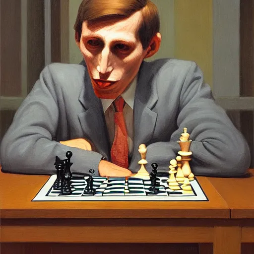 Image similar to Portrait of Mr. bobby fischer wearing a business suit playing chess, very coherent, painted by Edward Hopper, Wayne Barlowe, painted by James Gilleard, airbrush, art by JamesJean