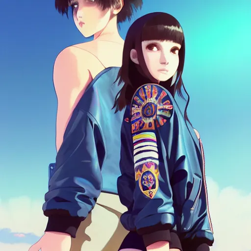 Image similar to a beautiful boyish natalie portman gravure model, wearing oversized mayan bomber jacket and leotard with overalls, bulky poofy bomber jacket with mesoamerican patterns, mesoamerican street fashion, gapmoe yandere grimdark, trending on pixiv fanbox, painted by greg rutkowski makoto shinkai takashi takeuchi studio ghibli, akihiko yoshida