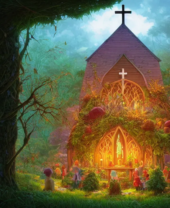 Prompt: a simple, whimsical church made from food, overgrown with huge exotic fungus, deep in the woods, cheerful, stormy, by dan mumford, yusuke murata, makoto shinkai, ross tran, dreamy, cinematic, unreal engine, cel shaded, featured on artstation, pixiv