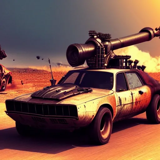 Image similar to madmax car supercharger and cannon, artstation, fantasy