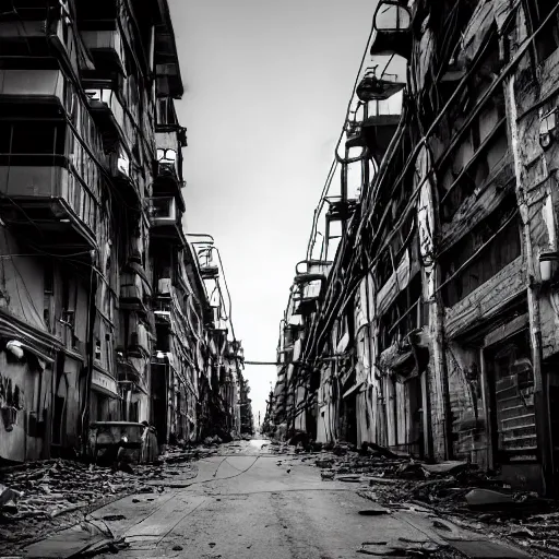 Prompt: apocalyptic city street, buildings covered in black liquid rubber