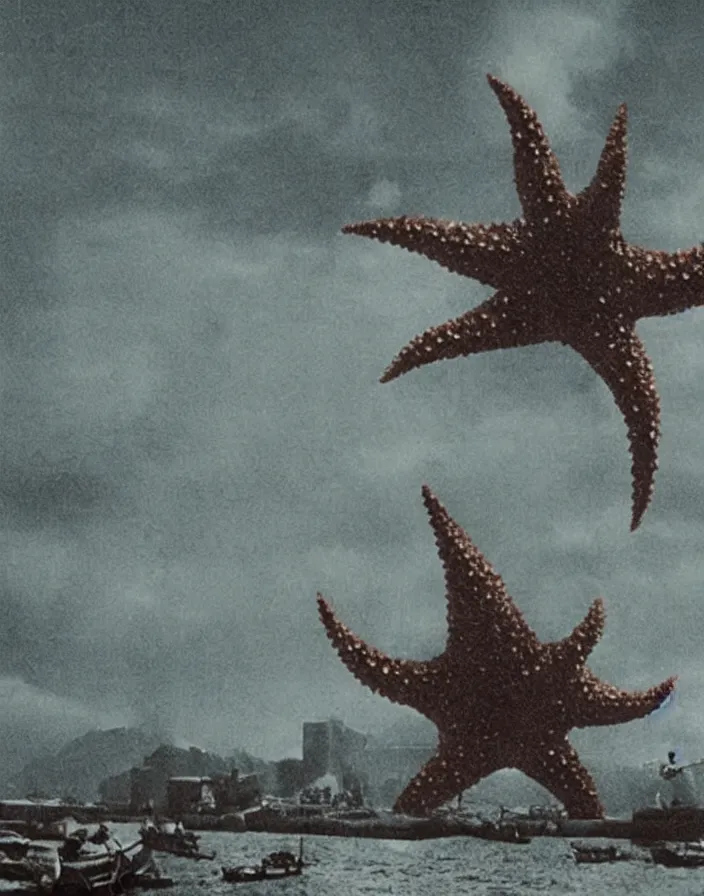 Image similar to a filmstill of a north korean monster movie, kaiju - eiga monster starfish - like trampling a traditional korean palace, foggy, film noir, video compression