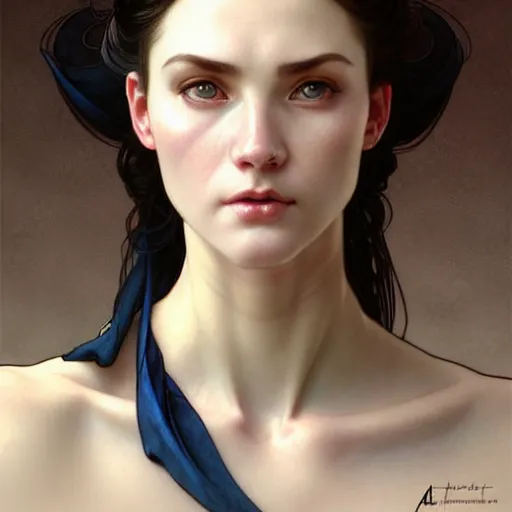 Prompt: Portrait of a female cleric wearing a kerchief covering her ears. She has blue eyes, black hair, porcelain skin, full lips, high slanted cheekbones. Fantasy art by artgerm and greg rutkowski and alphonse mucha, intricate, elegant, highly detailed, digital painting, concept art, illustration, award winning on artstation, D&D, AD&D.