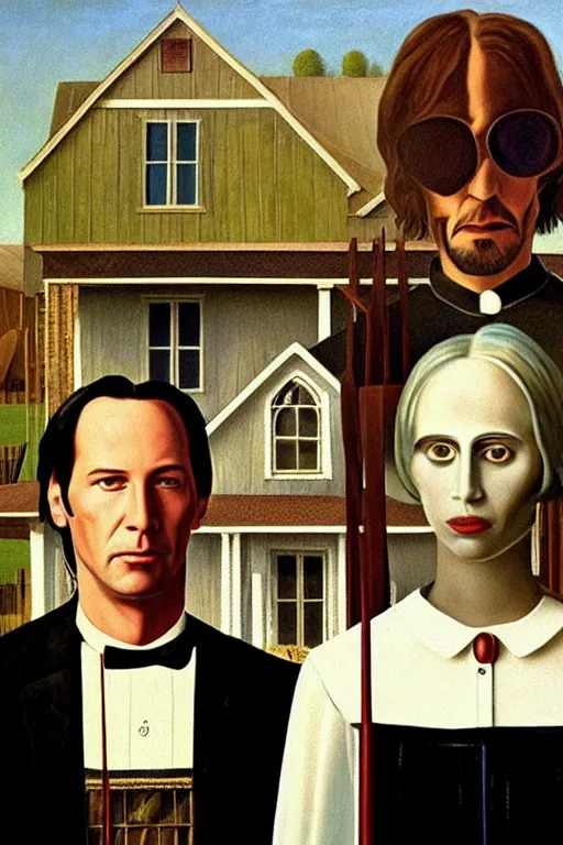 Image similar to painting of Keanu Reeves and Lady Gaga as the couple in American Gothic in the style of Grant Wood