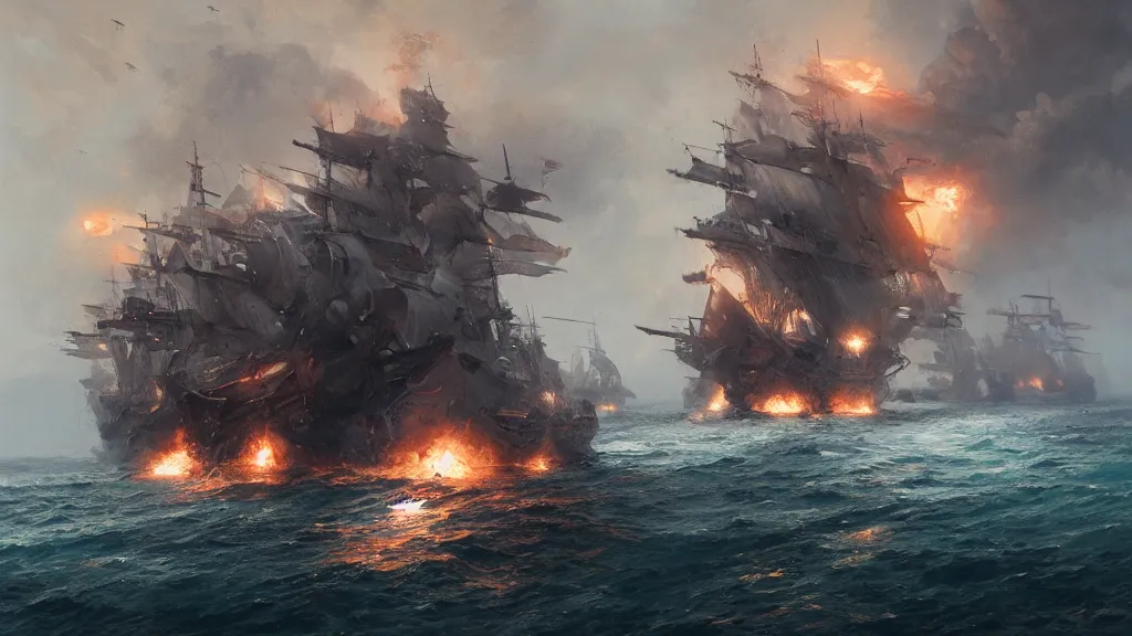 Prompt: A sea battle, burning ships, fantasy art, art by greg rutkowski, highly detailed, trending on artstation