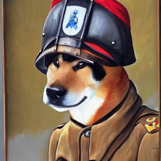 Image similar to A painting of a Shiba Inu dog wearing a soldier's helmet