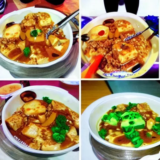 Prompt: mapo tofu cartoon, anime food, hq!!! studio ghibli food!!!