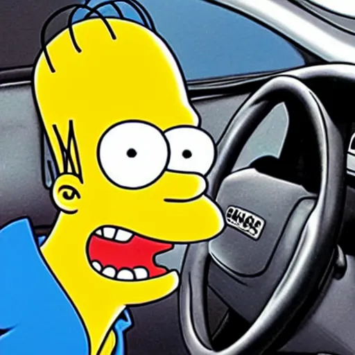 Prompt: homer simpson angry driving a car