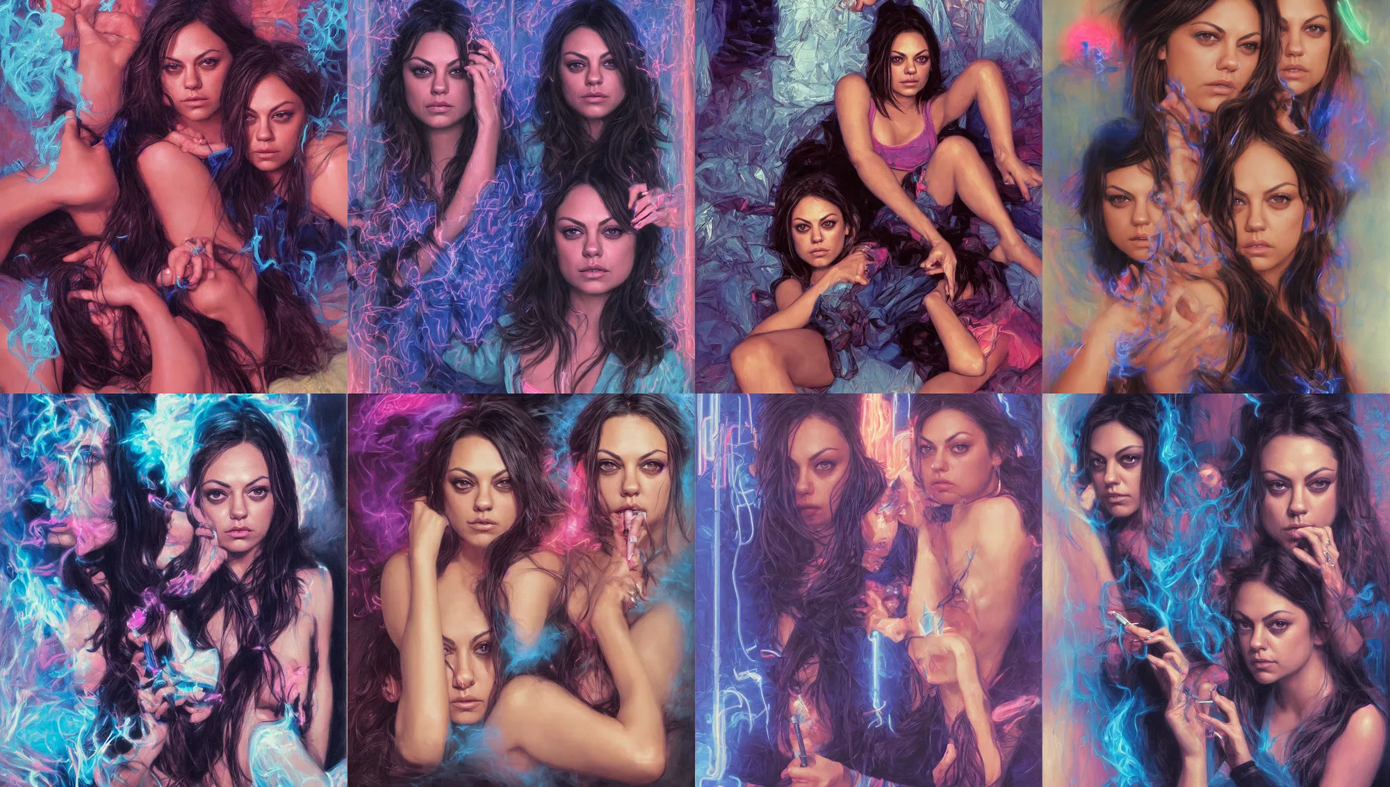 Image similar to portrait mila kunis looking into the camera leaning back against a wall smoking a cigarette, blue and pink neon lit entrance, 1 9 8 0 s, intricate, moody, tasteful, intimate, highly detailed, short focus depth, artgerm, donato giancola, joseph christian leyendecker