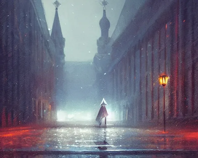 Image similar to lonely road of moscow at night with a single lamp post, walking woman with umbrella, artstation, detailed, by greg rutkowski,