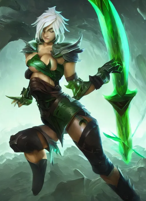 Image similar to riven from league of legends, au naturel, the exiled, fighting with green sword, hyper detailed, digital art, trending in artstation, cinematic lighting, studio quality, smooth render, unreal engine 5 rendered, octane rendered, art style by klimt and nixeu and ian sprigger and wlop and krenz cushart