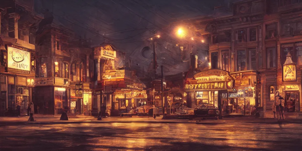 Image similar to Photorealistic theatre on quite Charlottetown night. Hyperdetailed photorealism, UHD, amazing depth, glowing rich colors, golden ration, 3d shading, cinematic lighting, artstation concept art