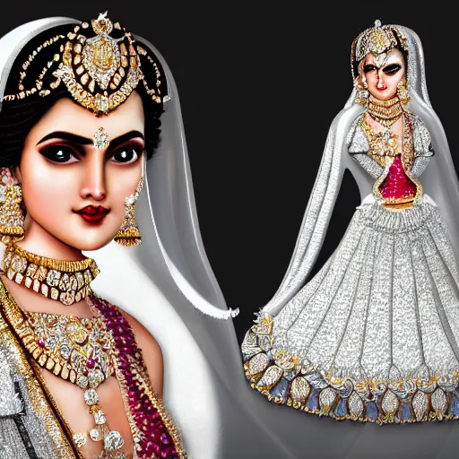 Image similar to portrait of wonderful hindi princess of white diamonds with fair skin, white flowers, ornate with white diamonds, 8 k, gorgeous, intricate, detailed, glowing white accent lighting, dramatic lighting, octane render