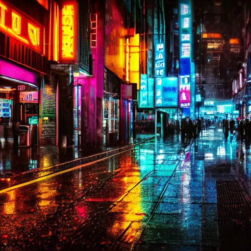Image similar to professional photograph of a bustling neon dystopian city, rainy sidewalks, high quality, highly detailed, HD, 8K