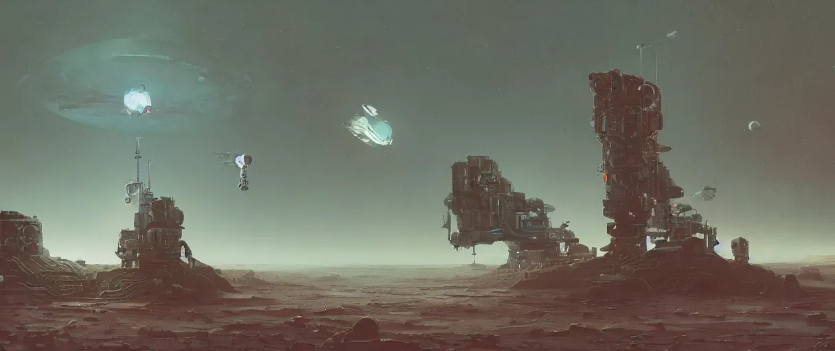 Image similar to illustration, a single scouting spaceship, deep space exploration, the expanse tv series, industrial design, galaxy travel, atmospheric, cinematic lighting, 4k, greebles, widescreen, wide angle, beksinski, sharp and blocky shapes, simon stalenhag palette