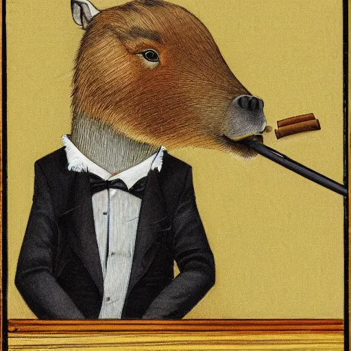 Image similar to a high detail photo of an antropomorphic capybara wearing a suit smoking a cigarrette, subject= duck, subject detail: wearing a suit, subject action: smoking a cigarrette photorealism