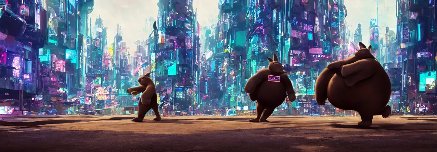 Image similar to photo of big chungus roaming in a cyberpunk futuristic city