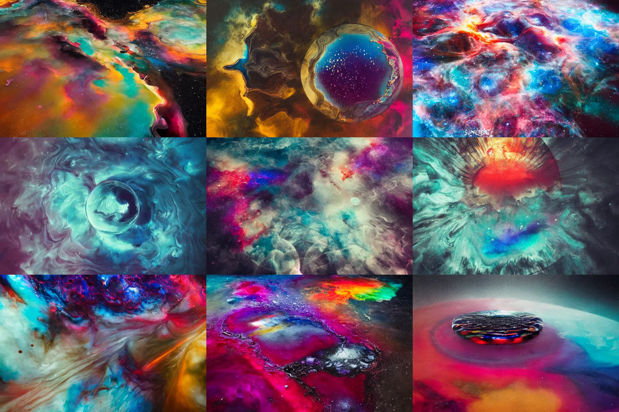 Prompt: editorial illustration by karolis strautniekas and mads berg, sacred geometry, resin resin art cells, nebula melting into rivers, colorful, fine texture, detailed, muted colors, film noir, dramatic lighting, dynamic composition, vivid, matte print, wide angle, ( ( sunbeams ) ), moody, extreme perspective