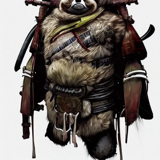 Image similar to graphic, hyperreal illustration of anthropomorphic sloth in traditional samurai armor : : digital art, concept art, character development : : illustrated by artgerm, yoji shinkawa, scott buoncristiano, nychos