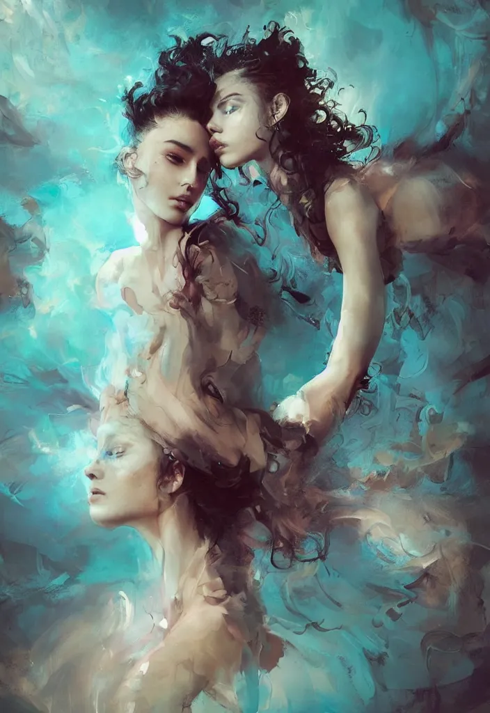 Image similar to full body portrait of a duo of 1 9 years old girl figures, curly messy high bun hairstyle, oriental tattoos, jewelry, subject wearing a high fashion gown, flowing, beautiful, dramatic, cinematic lighting, highly detailed, few vivid turquoise highlights, by ross tran and jeremy mann, artstation, pixiv, oil on canvas