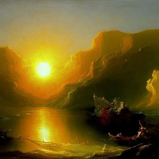Prompt: the sun is a metaphor for hope. no matter how dark things may seem, there is always light. an oil painting by thomas cole