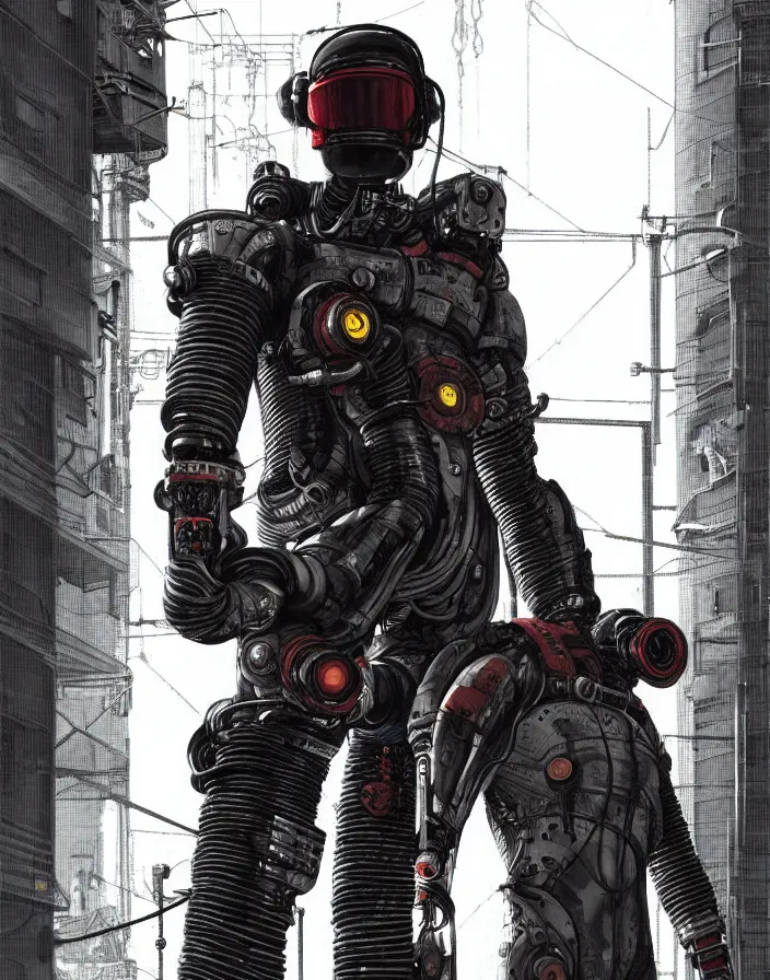 Image similar to realistic cyberpunk japanese engineer with long limbs and a black spacesuit carrying welder, techwear, dead space, visible face, Industrial Scifi, detailed illustration, character portrait, by Martin Grip and Moebius