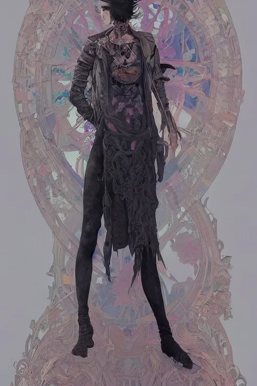 Image similar to a skinny goth guy standing in a cluttered 9 0 s bedroom, full body character concept art, vaporwave colors, intricate, elegant, highly detailed, digital painting, artstation, concept art, smooth, sharp focus, illustration, art by artgerm and greg rutkowski, and alphonse mucha