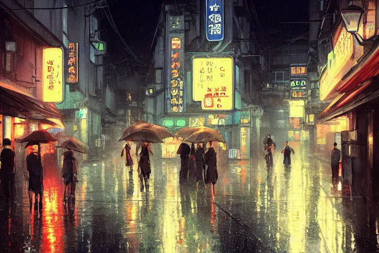 Prompt: a painting of a rain soaked back street in osaka at dusk, neon lights, dark figures walking, digital art, trending on artstation, by studio ghibli and greg rutkowski. spirited away. trending on artstation, hyperrealism, unreal engine