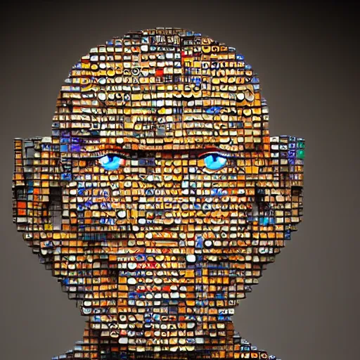 Image similar to a photo portrait of female android created from empty beer bottles and cardboard boxes. symmetry, awesome exposition, scifi, very detailed, highly accurate, professional lighting diffracted lightrays, 8 k, sense of awe