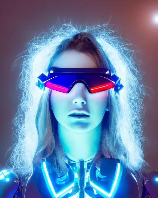 Image similar to centered portrait of flirtatious young sabrina salerno as a solarpunk mecha humanoid robotic parts wearing crystal goggles with bright led lights, real human face, pudica gesture bouguereau style, in white room, ultra - realistic and intricate, soft portrait shot 8 k