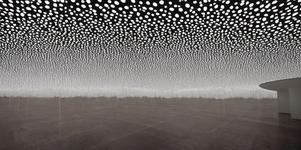 Image similar to Yayoi Kusama huge organic microorganisms lamps levitating on the ceiling no-gravity installation in white empty spacious space, maximum natural texture, white warm illumination, in low fog, 8k resolution, best color graded, vray beautiful, subsurface scatter, hyper-realistic render