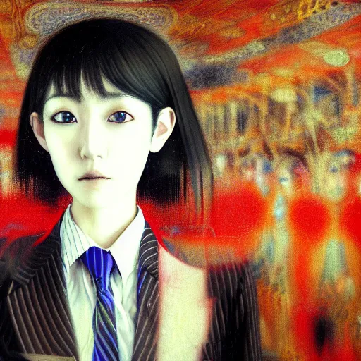 Image similar to yoshitaka amano blurred and dreamy realistic three quarter angle portrait of a young woman with short hair and black eyes wearing office suit with tie, junji ito abstract patterns in the background, satoshi kon anime, noisy film grain effect, highly detailed, renaissance oil painting, weird portrait angle, blurred lost edges