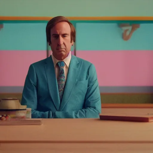 Prompt: Still frame of Saul Goodman in a Wes Anderson movie, symmetrical framing, long shot, pastel colors
