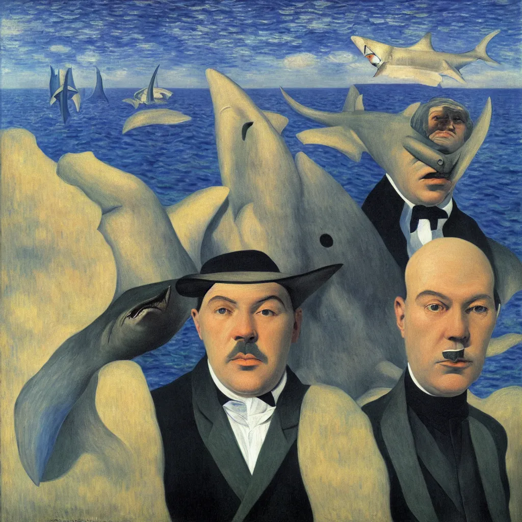 Prompt: super up close, self portrait of a shark humanoid man, by rene magritte, monet, and turner