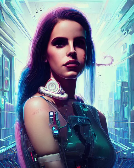 Prompt: portrait of lana del rey as a cyberpunk cyborg. sci - fi intricate abstract. intricate artwork, tear drops, roses, by tooth wu, wlop, beeple, dan mumford. concept art, octane render, trending on artstation, greg rutkowski, asymmetrical, cinematic arthouse, key art, hyper realism, iridescent accents