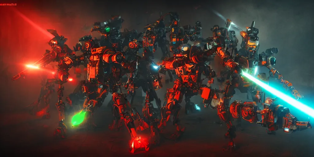 Prompt: Wax characters mech assassins fight, laser eyes, close up, cinematic light, dark vibrant colors, dark room, detailed, photo, 8K