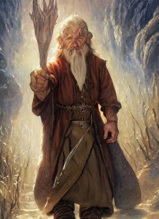 Prompt: a portrait painting of a hobbit wizard, ultra detailed fantasy, dndbeyond, dnd character portrait, full body, pathfinder, pinterest, art by ralph horsley, karol bak, ed binkley