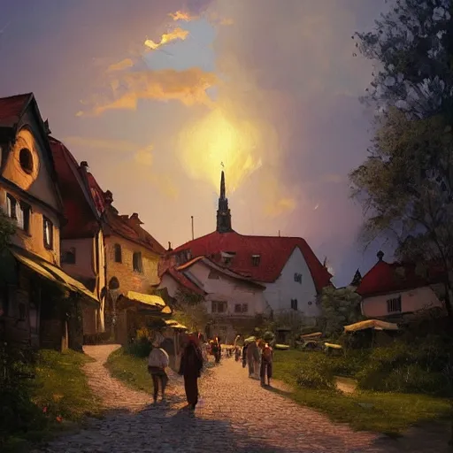 Image similar to a beautiful painting of banska stiavnica in summer with old houses and trees in sunset, sky, people walking on street, unreal engine, by greg rutkowski and james gurney, artstation