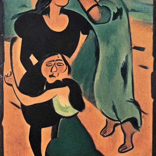 Image similar to This illustration was painted in 1937 during the Guerra Civil Española. The woman in the illustration is weeping for her dead husband. She is wearing a black dress and a black veil. Her face is distorted by grief. The illustration is dark and somber. Navajo green, illuminated codex gilded by Ossip Zadkine dismal