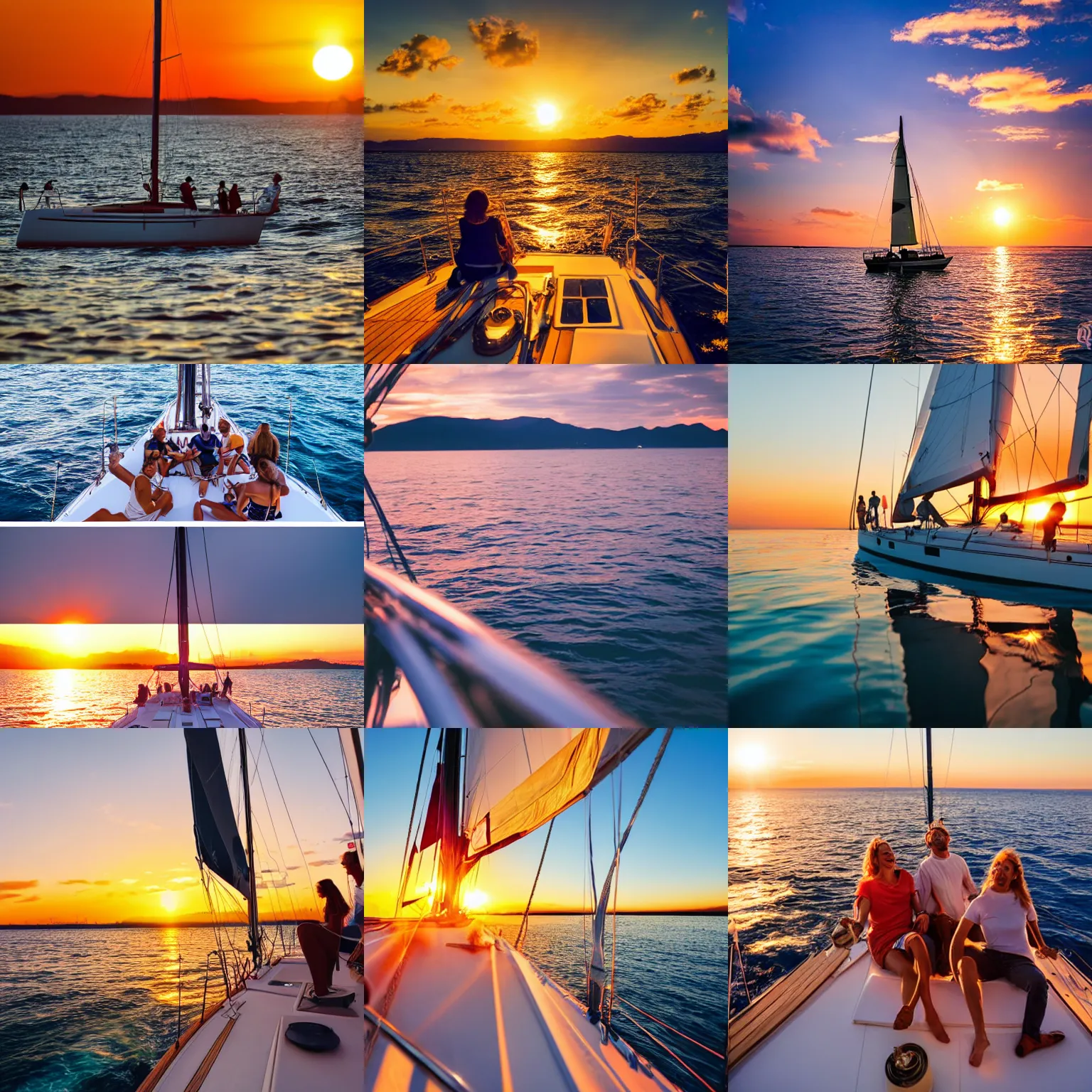 Prompt: 10 people having a good time on a sailboat, golden hour, sunset, detailed photography