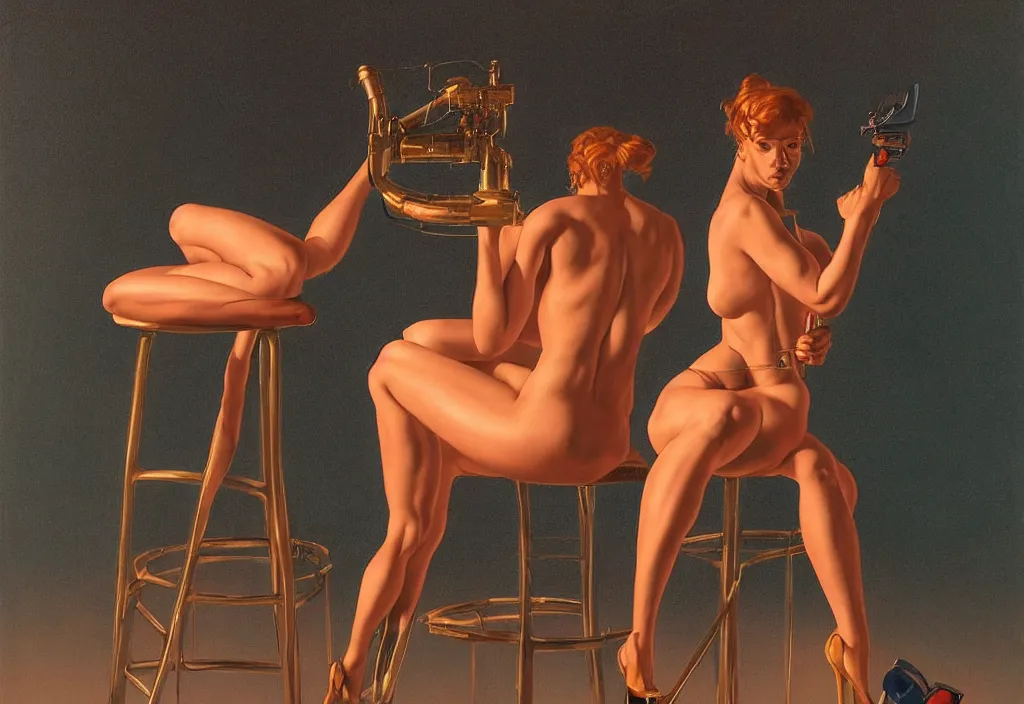 Image similar to A woman sitting on a stool, in the style of Hajime Sorayama, extremely detailed masterpiece, oil on canvas, low-key neon lighting, artstation, Blade Runner 2049, Roger Deakin’s cinematography, by J. C. Leyendecker and Peter Paul Rubens and Edward Hopper and Michael Sowa,